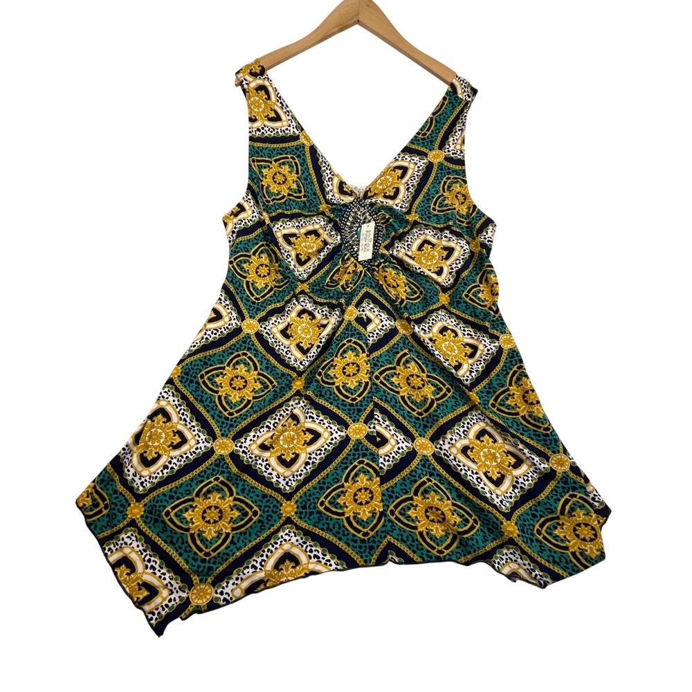 Purple Rain Plus Size 3X Tunic Top Green Gold Leopard Chain Handkerchief Hem NEW